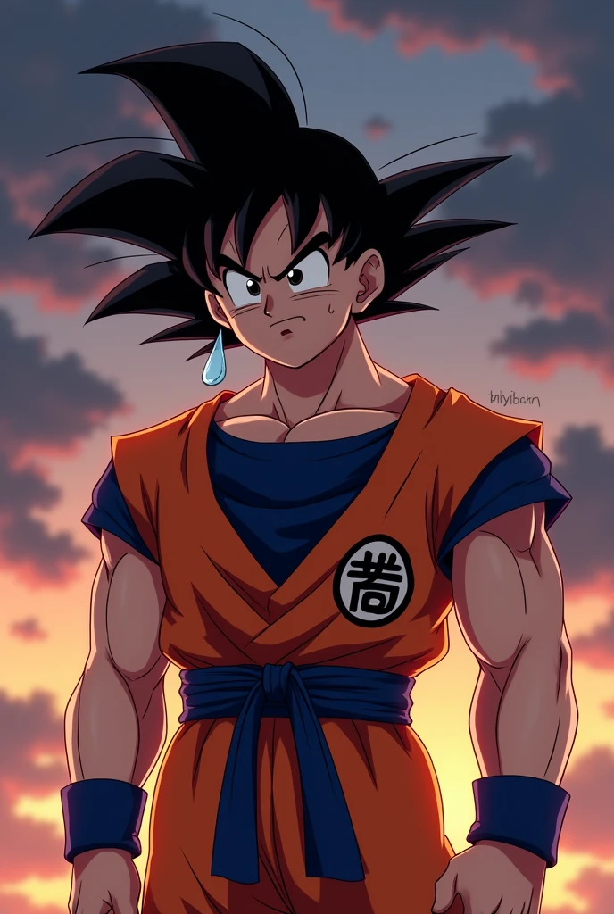 Create a Dragon Ball Goku character with his orange outfit and a crying face sticker. In the background it&#39;s getting dark.