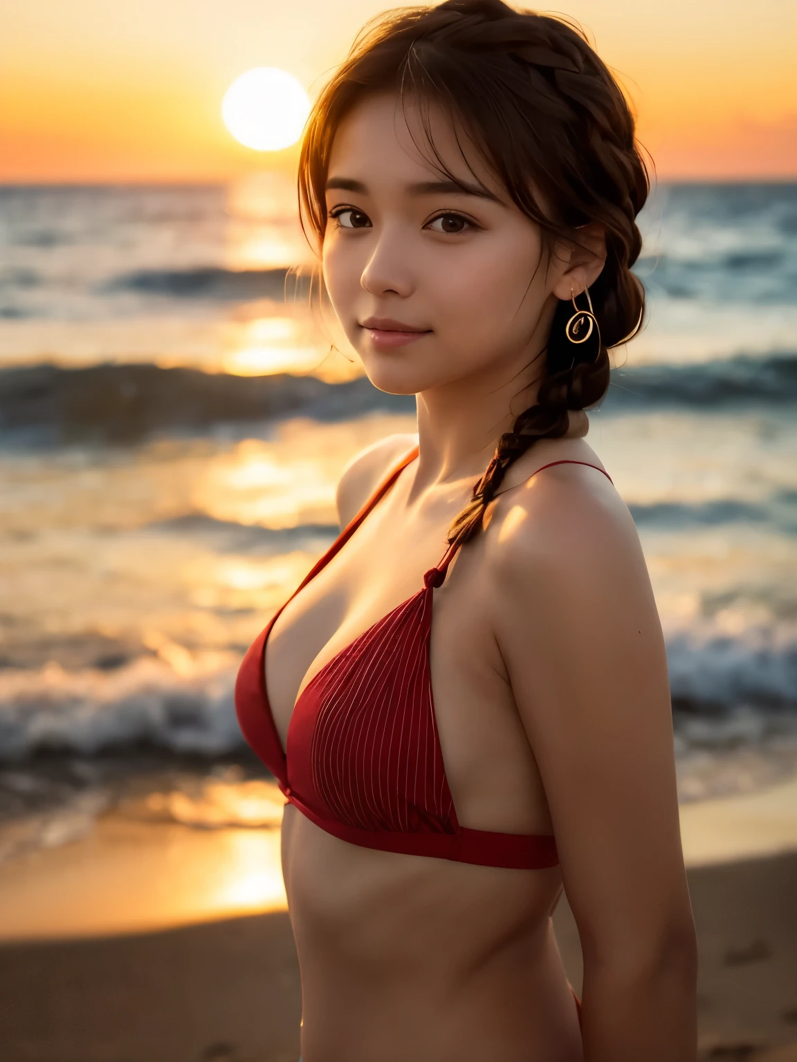 A serene sunset beach scene featuring a young woman with short brown hair, styled with a delicate braid on one side, and vibrant amber eyes. She is wearing a red and white striped bikini top with a simple bow at the center. Her expression is soft and calm, giving off a peaceful vibe, complemented by her gentle smile. She wears matching turquoise teardrop earrings, which catch the warm glow of the setting sun. The background showcases a golden sunset, with the sun reflecting on the calm ocean waves and a distant shoreline visible on the horizon. The lighting is warm, casting a soft, golden glow on her skin and highlighting her hair. The scene is captured from a front-facing perspective, focusing on the character while allowing the vibrant sunset and tranquil sea to frame the moment beautifully.