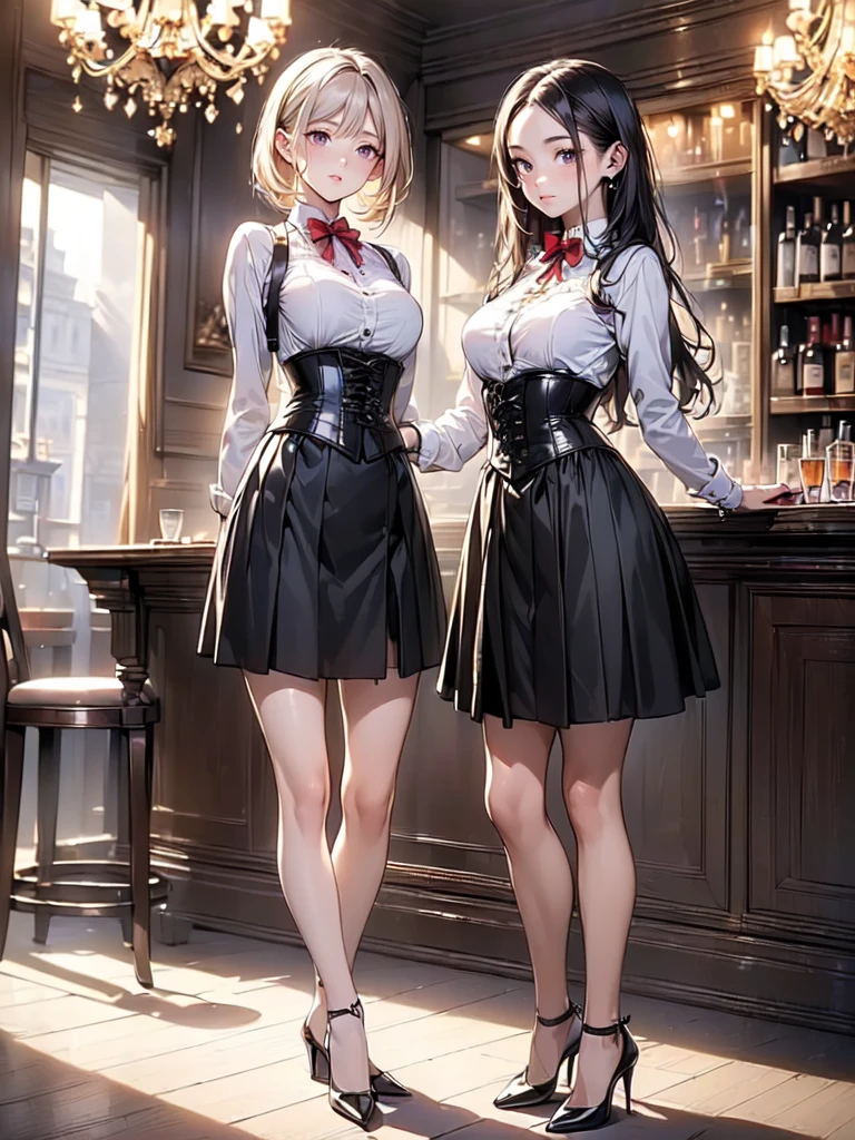 (masterpiece, best quality, highest quality, Masterpiece, 8k:1.5), (kawaii:1.2), (Full Body Shot,Including face,1girl,Focus on the face,Symmetrical facial features), Beautiful woman, (slender), ((High heels)), Detailed depiction of the face, Black Eyes,Cafe,bar, (Red checked skirt,corset,clerk,uniform),Inside the store,Window Cleaning, (multiple:-1.2),
