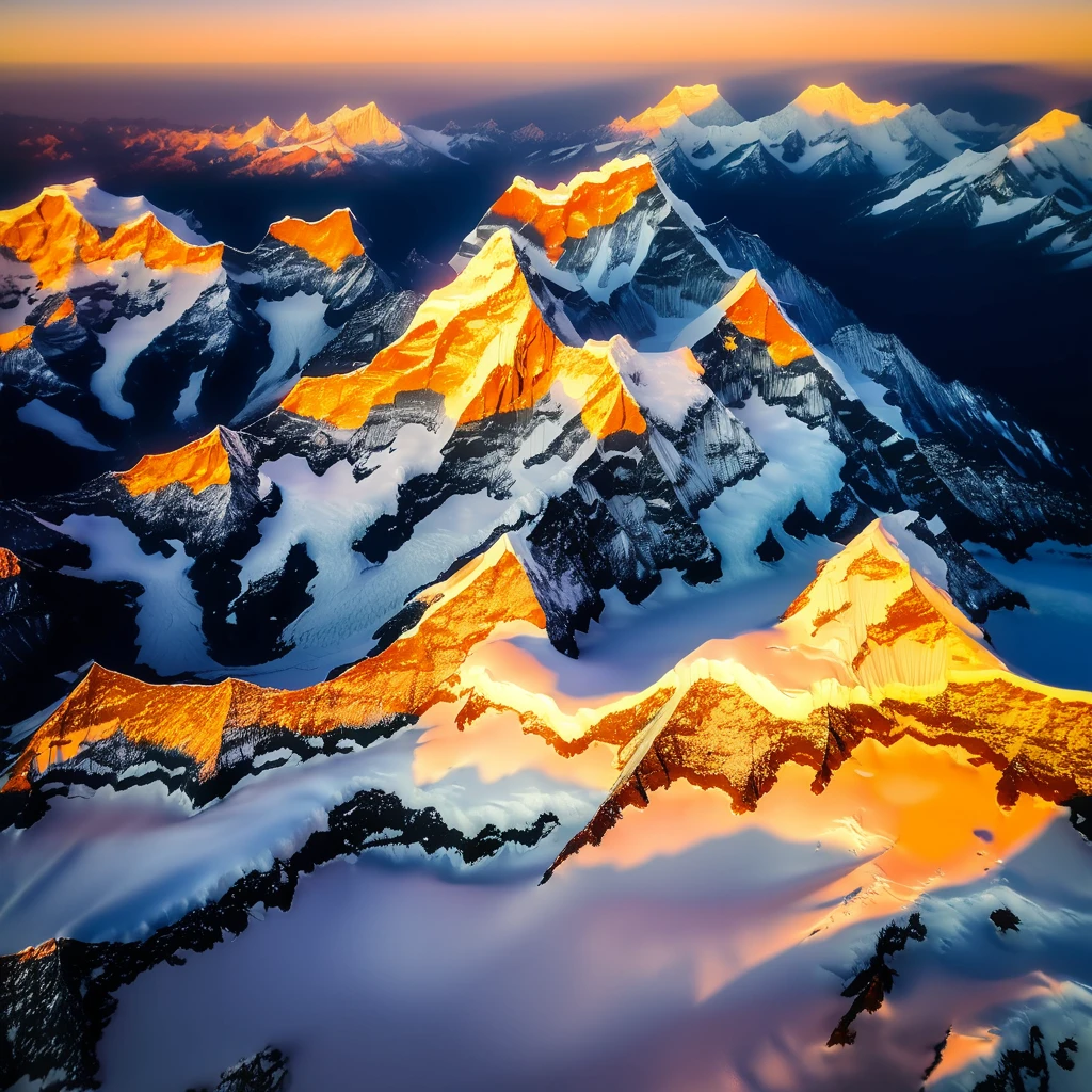 Real photos of Mount Everest in the evening taken by a drone from above, gorgeous, magnificent, natural, powerful ((masterpiece, highest quality, 4K))