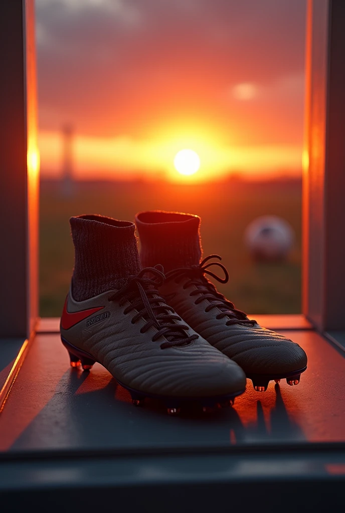 Create the image of a young footballer hanging his cleats in a display case, that a sunset appears in the background 