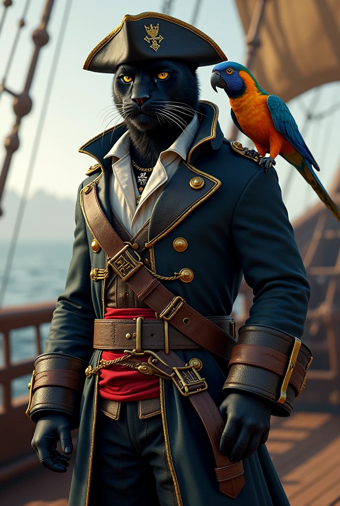 A pirate panther with a parrot on his shoulder