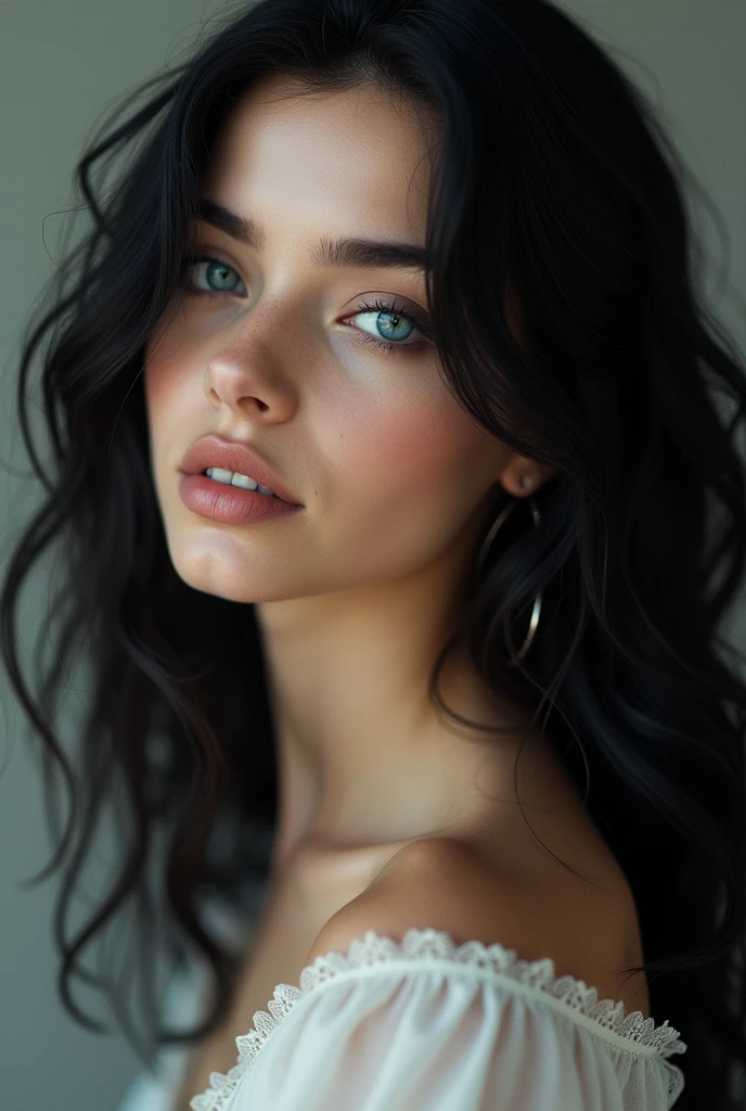 Young Black curly long hair model with blue eyes pale skin