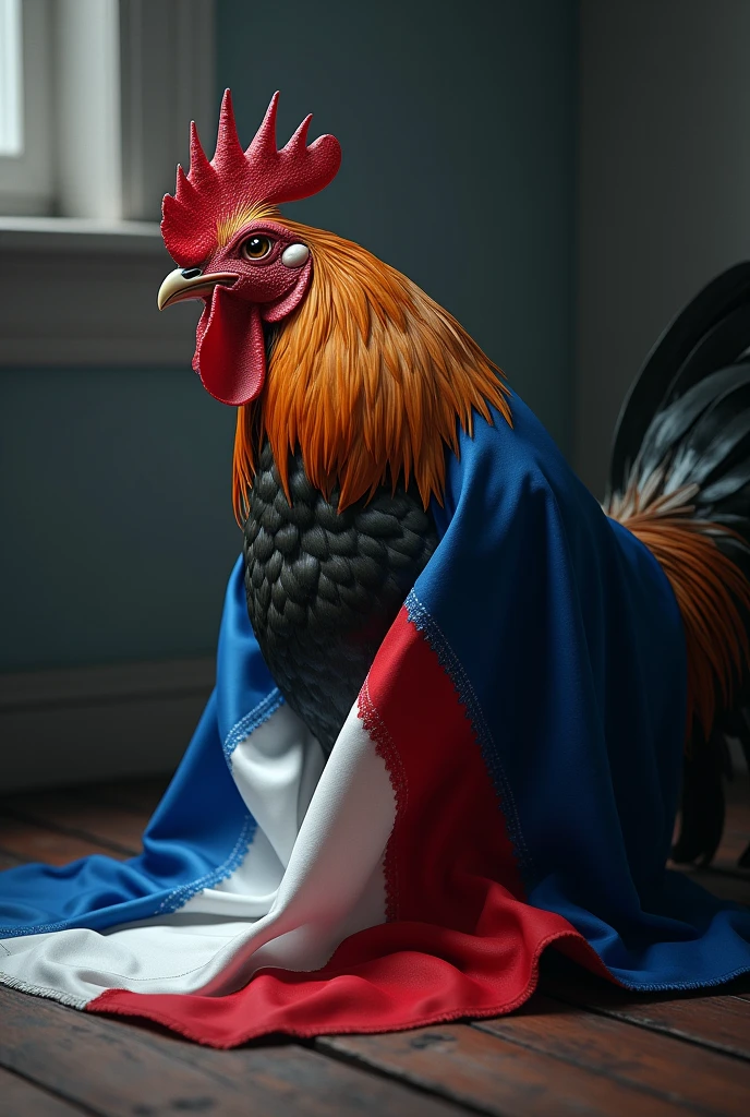 Make a rooster with feathers in the colors of the French flag: cerulean, white and red. He is sitting with his head down and his wings hanging to the side., tears visible in her eyes. In a corner, the flag of France is wrapped around him, like a cloak of sadness. The rooster's expression is one of desolation, conveying a sense of deep sadness and regret, while the flag stands as a symbol of their identity and regret.