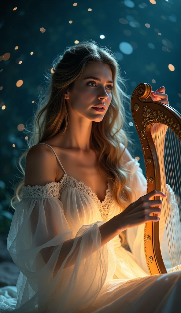 a beautiful detailed portrait of a woman with long wavy hair, piercing eyes, and elegant features, playing a lyre in a starry night sky, ultra-detailed, (best quality,8k,highres,masterpiece:1.2),ultra-detailed,(realistic,photorealistic,photo-realistic:1.37),dramatic lighting, cinematic composition, intricate details, glowing ethereal atmosphere, magical fantasy, digital art, concept art