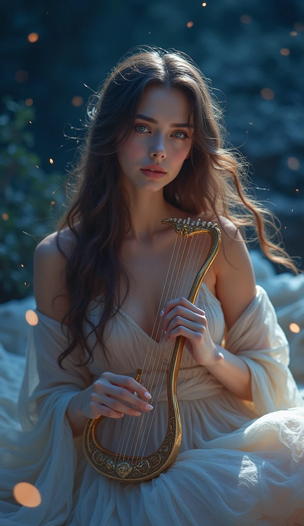 a beautiful detailed portrait of a woman with long wavy hair, piercing eyes, and elegant features, playing a lyre in a starry night sky, ultra-detailed, (best quality,8k,highres,masterpiece:1.2),ultra-detailed,(realistic,photorealistic,photo-realistic:1.37),dramatic lighting, cinematic composition, intricate details, glowing ethereal atmosphere, magical fantasy, digital art, concept art