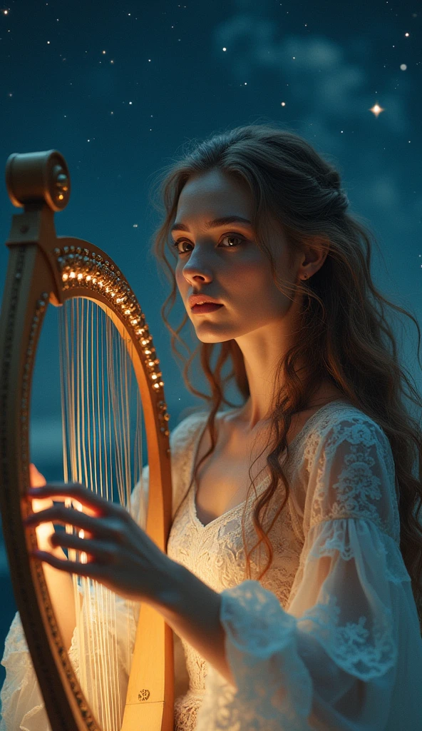 a beautiful detailed portrait of a woman with long wavy hair, piercing eyes, and elegant features, playing a lyre in a starry night sky, ultra-detailed, (best quality,8k,highres,masterpiece:1.2),ultra-detailed,(realistic,photorealistic,photo-realistic:1.37),dramatic lighting, cinematic composition, intricate details, glowing ethereal atmosphere, magical fantasy, digital art, concept art