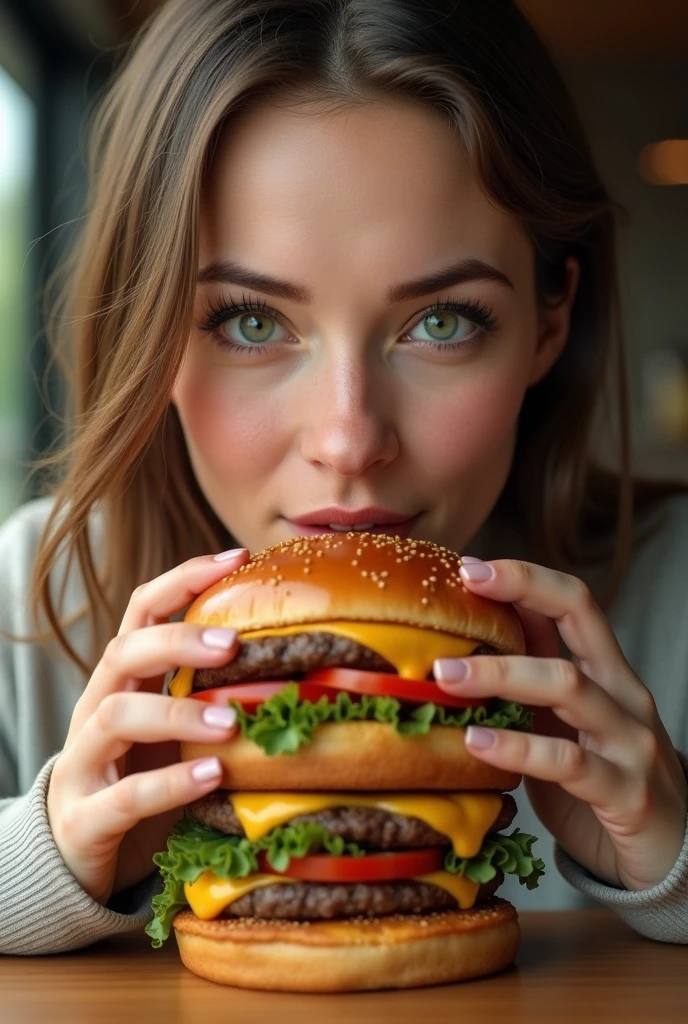 [Ouverture] : Gros plan sur une femme aux visages realiste aux yeux d'un verts émeraude et aux cheveux lisses, assise à une table. [Action] : Elle prend un hamburger composé de 2 steack savoureux du fromage bien fondant coulant sur les bords, avec quelque tomates et de belle feuilles de salade. avec les deux mains et l'approche de sa bouche. [Détail] : Zoom sur le hamburger avec ses ingrédients appétissants. [Clôture] : La femme prend une bouchée avec un sourire de plaisir, montrant clairement qu'elle apprécie chaque instant. Texte à l'écran : "Délicieux à chaque bouchée !"