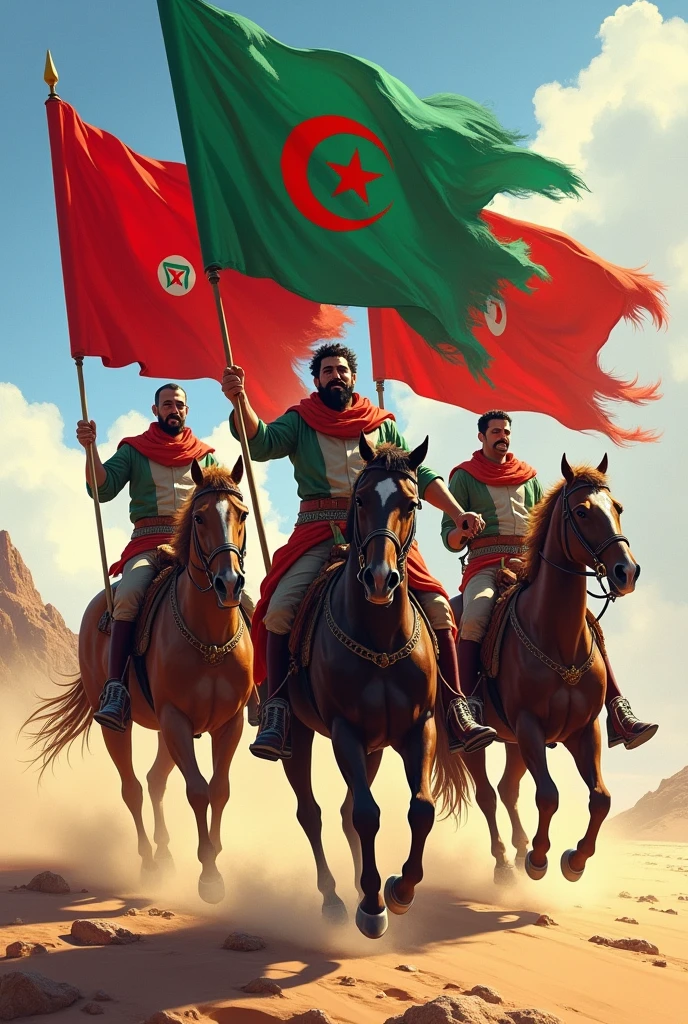3 men on horses carrying the flag of Morocco, Algeria and Tunisia