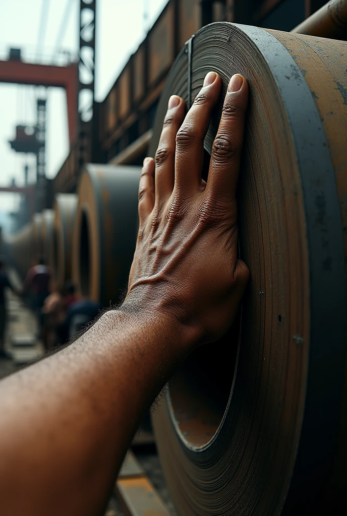 A hand being crushed under a steel coil in the port of Praia Mole with M Vitória in Espírito Santo 