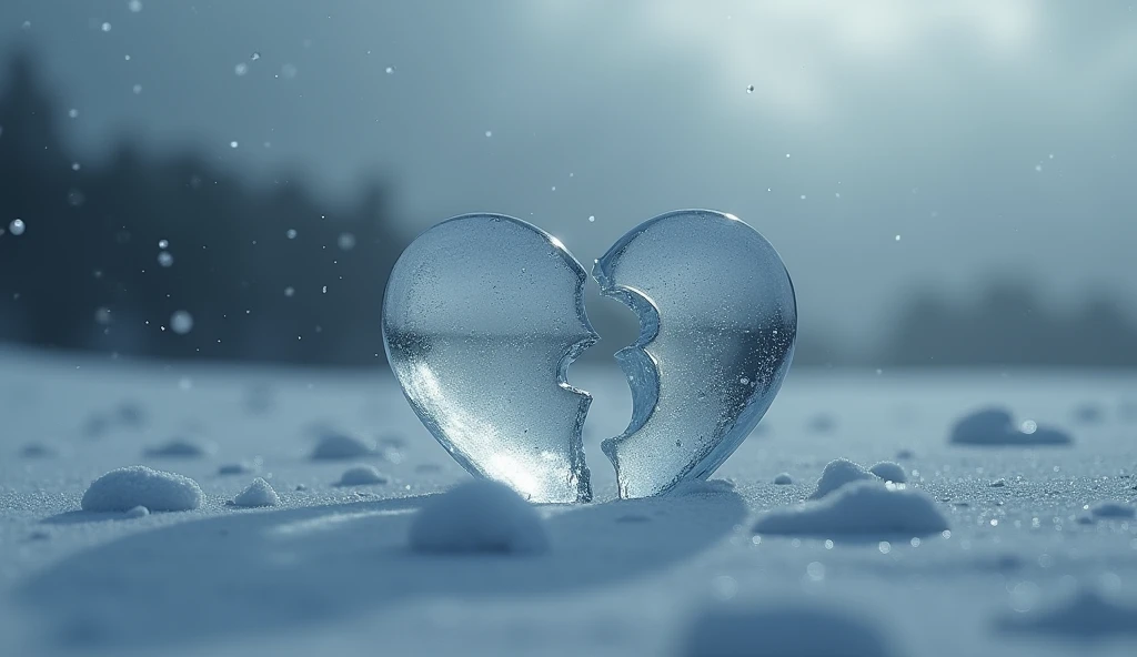 "A melancholic scene in cold, muted gray tones, set in a desolate winter landscape under a gloomy gray sky. The focus is on a close-up of an ice heart lying on the snow, its translucent surface with snow crystals The sharp shadow reflects the heart split in half, symbolizing deep pain. Snowflakes fall gently around the scene, contributing to the gloomy atmosphere. The cold light of the cloudy sky highlights the intricate details of the ice and snow. that falls, emphasizing the emotional weight of the moment."