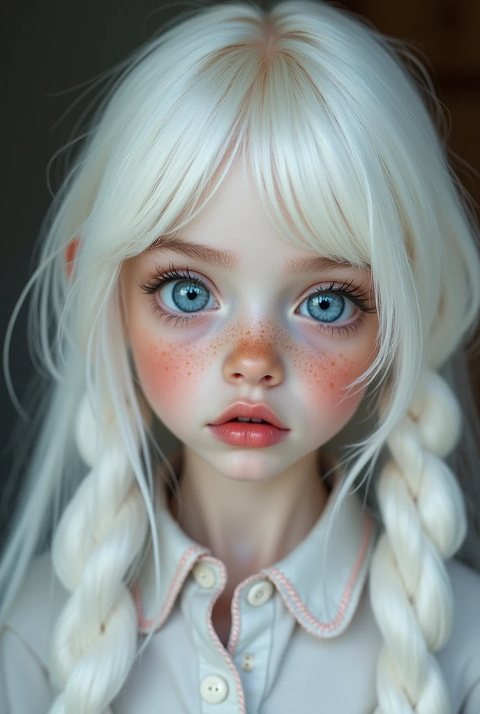 a girl with white long hair blue eyes white pale skin red lips W button nose white eyelashes big plump lips freckles all over the face with two pigtails and bangs