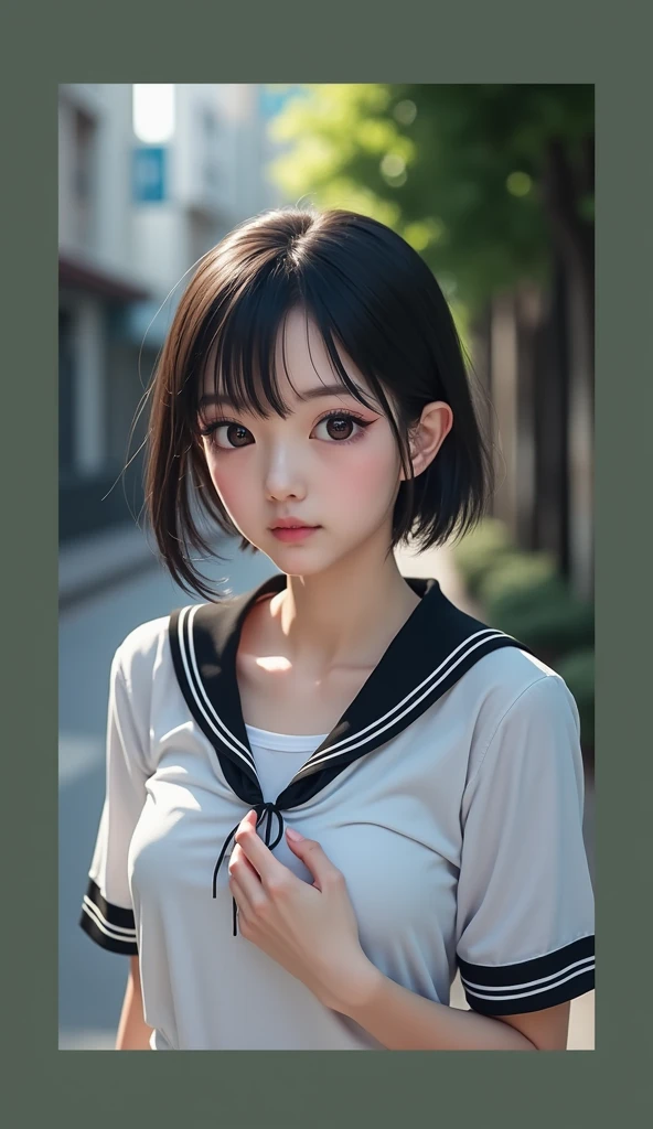 Realistic glowing skin, (発Sweat:1.8),Stand backwards,Look back at your face,Always look at the camera,(発Sweat:1.8),(Beautiful nipples in real life:1.6),,(whole body:1.9),(発Sweatしたリアルな白い肌:1.9),White socks, (Black leather shoes:1.8),
,Cold look,Cold Stare,Black Hair,short hair,Tie your hair short,Silky translucent white skin,,(Very detailed美しい顔), Great face and eyes, (Highest quality:1.4), (Very detailedな), (Very detailed CG 統合 8k 壁紙), Very detailed, High resolution raw color photos, Professional photography, Realistic portrait,Sweat,,(A Cup:1.9),(Flat Chest:1.9),(Very small breasts:1.9),(Breast augmentation:0.1),(Small breasts beginning to swell:1.9),(Breasts during puberty:1.9),
, (少女のwhole bodyの詳細なRAW写真), Canon EOS R5 250mm, Sharp focus, Cinema Lighting,  (No makeup:1.2), Fine skin, Delicate collarbone,,(Ultra-high resolution:1.6), (Realistic:1.6),,(Japanese junior high school girls:1.9),(whole body:1.8),(Sweatが滴る肌:1.9),(Black pleated skirt for the lower body only:1.9),(Sweatで滲んだ肌:1.9),(Age is :1.9),(Raise one hand above your head:2),(Topless:1.9),Height is 155cm,Non-erect, thin nipples,very small nipples,Natural nipples,Real girl nipples,Not disgusting nipples