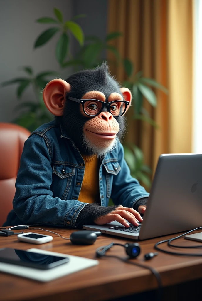 A monkey in jeans, in your office, with glasses working on a laptop, on the table there are cables and a cell phone charger along with some geeky accessories packed, happy, Laught , Ambitious, com gadgets na mesa