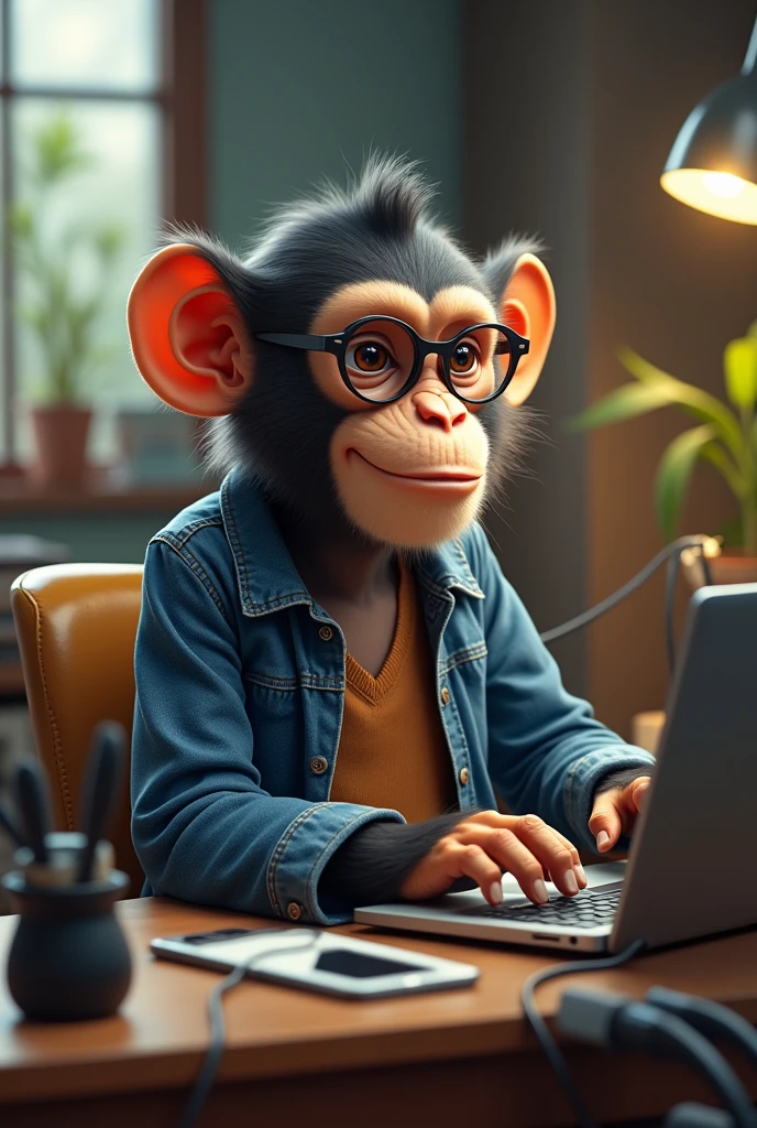 A monkey in jeans, in your office, with glasses working on a laptop, on the table there are cables and a cell phone charger along with some geeky accessories packed, happy, Laught , Ambitious, com gadgets na mesa