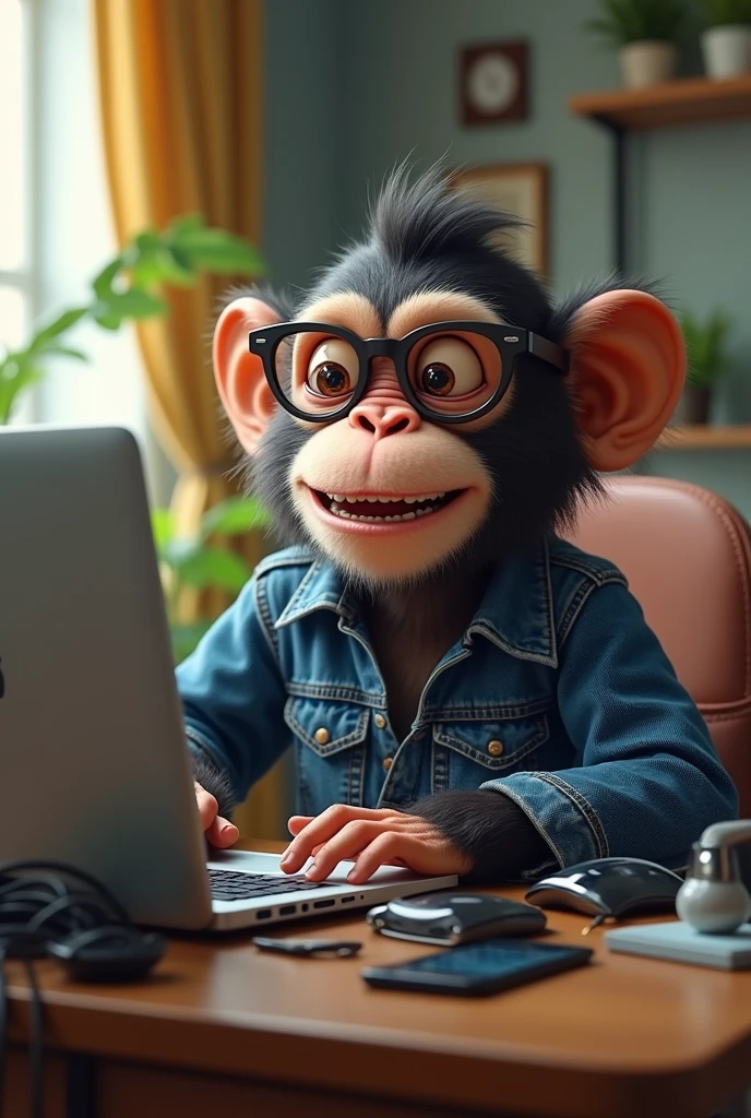 A monkey in jeans, in your office, with glasses working on a laptop, on the table there are cables and a cell phone charger along with some geeky accessories packed, happy, Laught , Ambitious, com gadgets na mesa