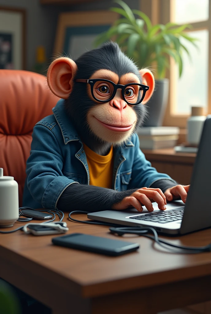 A monkey in jeans, in your office, with glasses working on a laptop, on the table there are cables and a cell phone charger along with some geeky accessories packed, happy, Laught , Ambitious, com gadgets na mesa