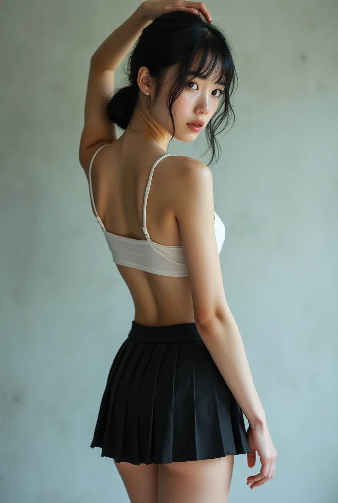Realistic glowing skin, (発Sweat:1.8),Stand backwards,Look back at your face,Always look at the camera,(発Sweat:1.8),(Beautiful nipples in real life:1.6),,(whole body:1.9),(発Sweatしたリアルな白い肌:1.9),White socks, (Black leather shoes:1.8),
,Cold look,Cold Stare,Black Hair,short hair,Tie your hair short,Silky translucent white skin,,(Very detailed美しい顔), Great face and eyes, (Highest quality:1.4), (Very detailedな), (Very detailed CG 統合 8k 壁紙), Very detailed, High resolution raw color photos, Professional photography, Realistic portrait,Sweat,,(A Cup:1.9),(Flat Chest:1.9),(Very small breasts:1.9),(Breast augmentation:0.1),(Small breasts beginning to swell:1.9),(Breasts during puberty:1.9),
, (少女のwhole bodyの詳細なRAW写真), Canon EOS R5 250mm, Sharp focus, Cinema Lighting, (No makeup:1.2), Fine skin, Delicate collarbone,,(Ultra-high resolution:1.6), (Realistic:1.6),,(Japanese junior high school girls:1.9),(whole body:1.8),(Sweatが滴る肌:1.9),(Black pleated skirt for the lower body only:1.9),(Sweatで滲んだ肌:1.9),(Age is :1.9),(Raise one hand above your head:2),(Topless:1.9),Height is 155cm,Non-erect, thin nipples,very small nipples,Natural nipples,Real girl nipples,Not disgusting nipples