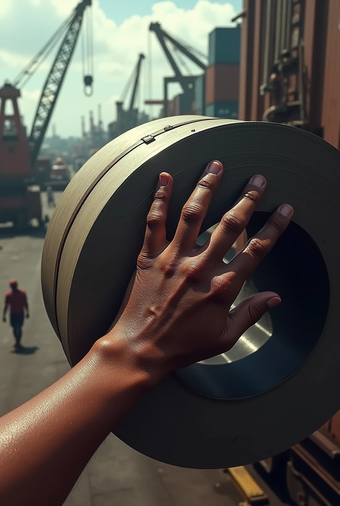 A hand being crushed under a steel coil at the Port of Praia Mole in Vitória, Espírito Santo