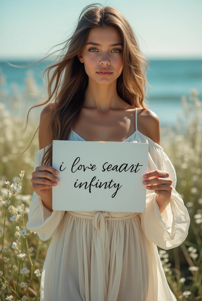 Beautiful girl with wavy long hair, bohemian dress, holding a white board with text "I Love Seaart Infinity" and showing it to the viewer