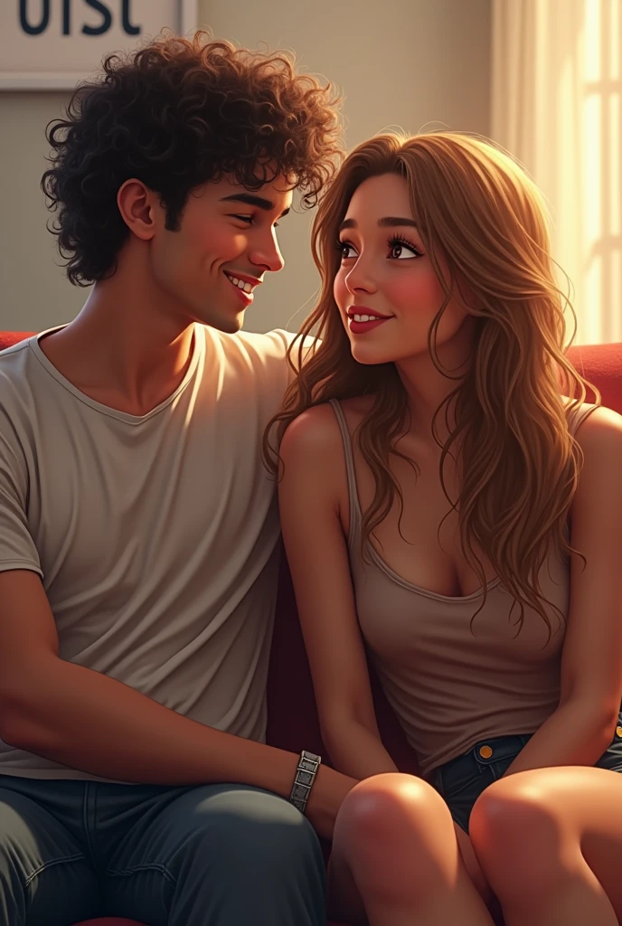 Create an image of a young man with curly hair and a woman with light brown hair on a sofa looking at a camera saying “gossip with the promo”