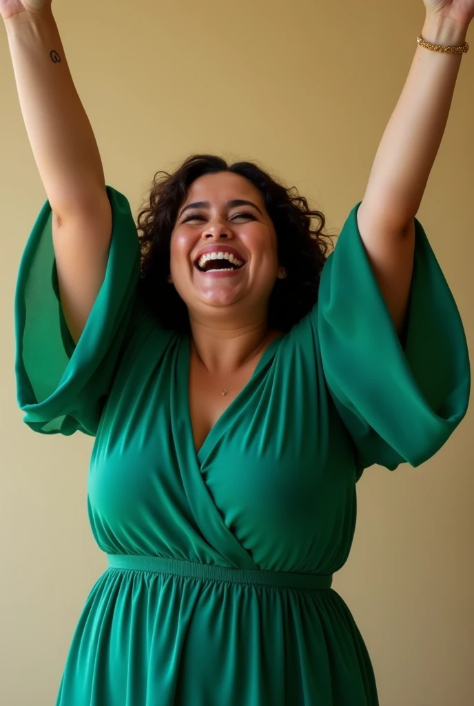 Create a real photograph, of a full-bodied woman, in a green dress with sleeves, covering her breasts, with arms up, celebrating your success, very cheerful, happy in life