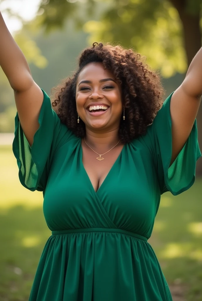 Create a real photograph, of a full-bodied woman, in a green dress with sleeves, covering her breasts, with arms up, celebrating your success, very cheerful, happy in life