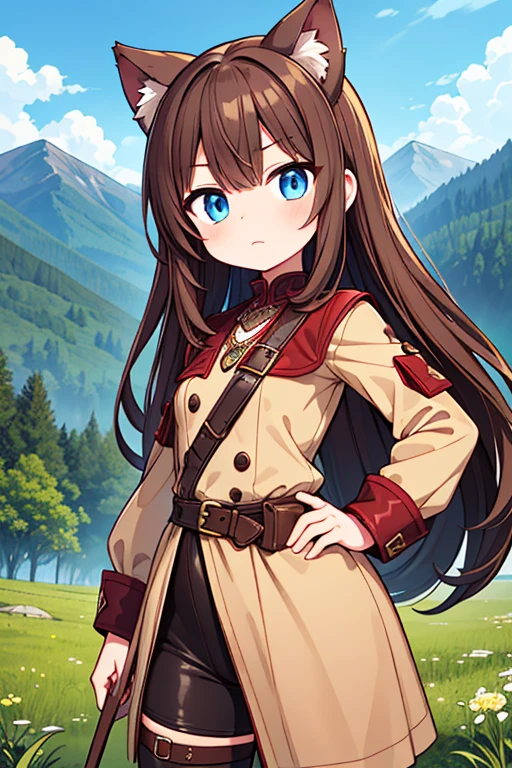 Cute adventurer Girl, Long lush Brown Hair, Beautiful Blue Eyes, Natural Cat-like Ears, mildly curvaceous, Rugged Outfit, adventurer gear, worn attire, determined expression, exploring a mountainous forest, Pretty sky, standing, one hand on hip, mild close-up, Red and Black worn attire, Brown leather accents, very weathered attire,