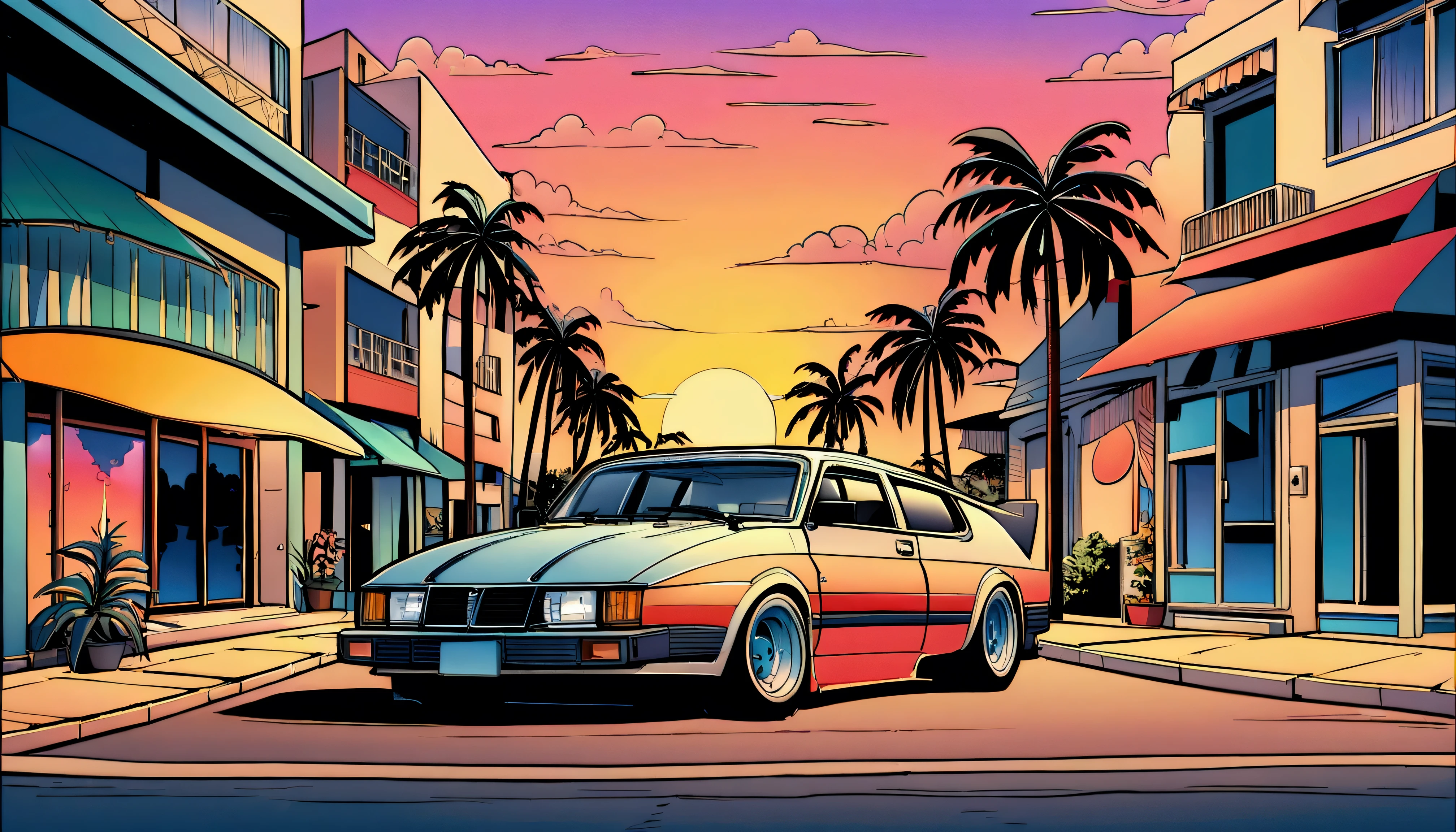 ((ＴShirt Design)), 1985 Saab 900 Turbo, Sunset background, Palm tree, Layers with 5 colors, Corner of the street, Berek's drum, Plethean, 