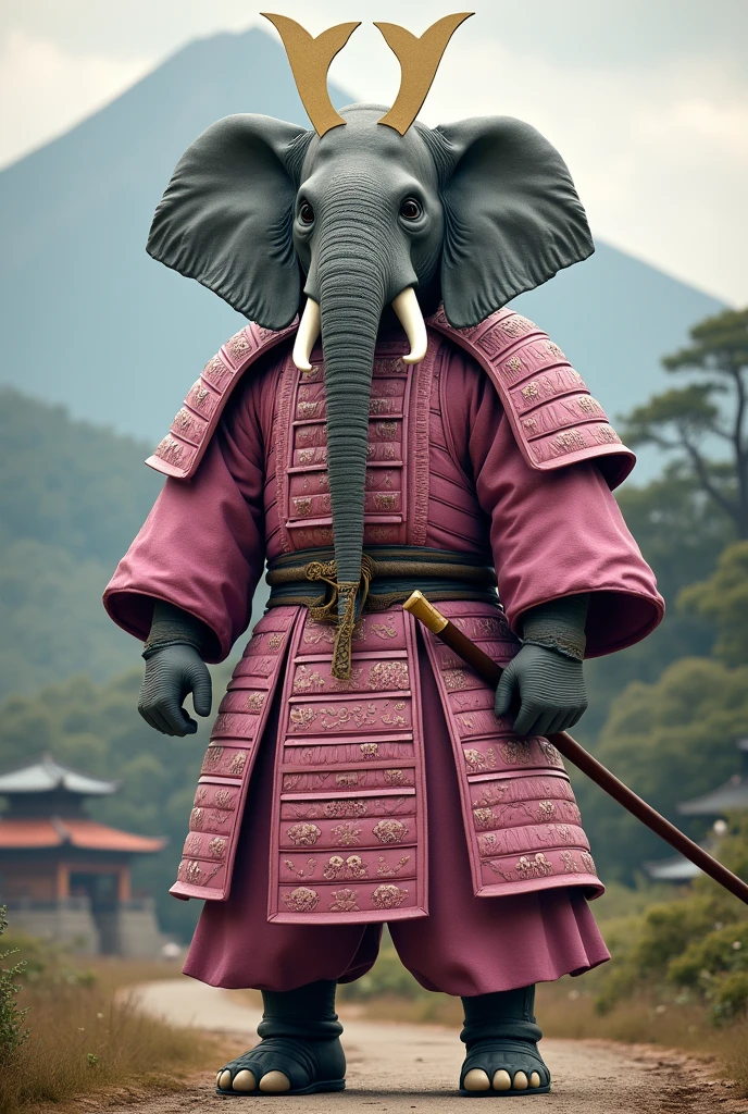 Humanoid elephant dressed as a pink samurai