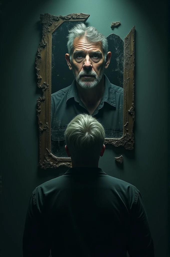 I want you to make a poster about a horror and suspense series where a man looks at his reflection in a mirror broken into six pieces and in each piece he sees his younger face., old, teenager and his