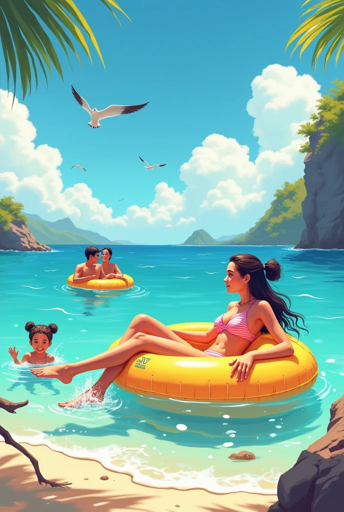 background、An illustration、banner、summer、Ocean、Oceanで浮き輪で浮かんでいる女性、child、Couple in their 20s