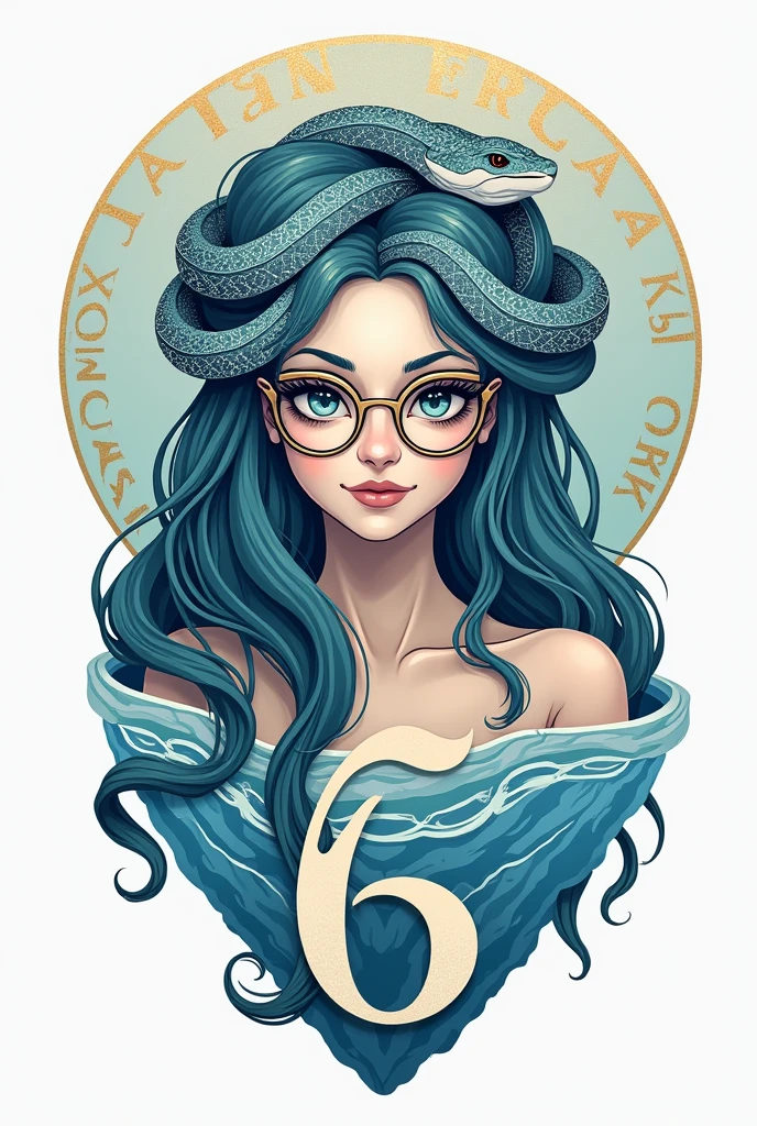 a logo for a brand with a jellyfish and snake hair
(greek goddess)with glasses with the number 6 and the name of six gylia
