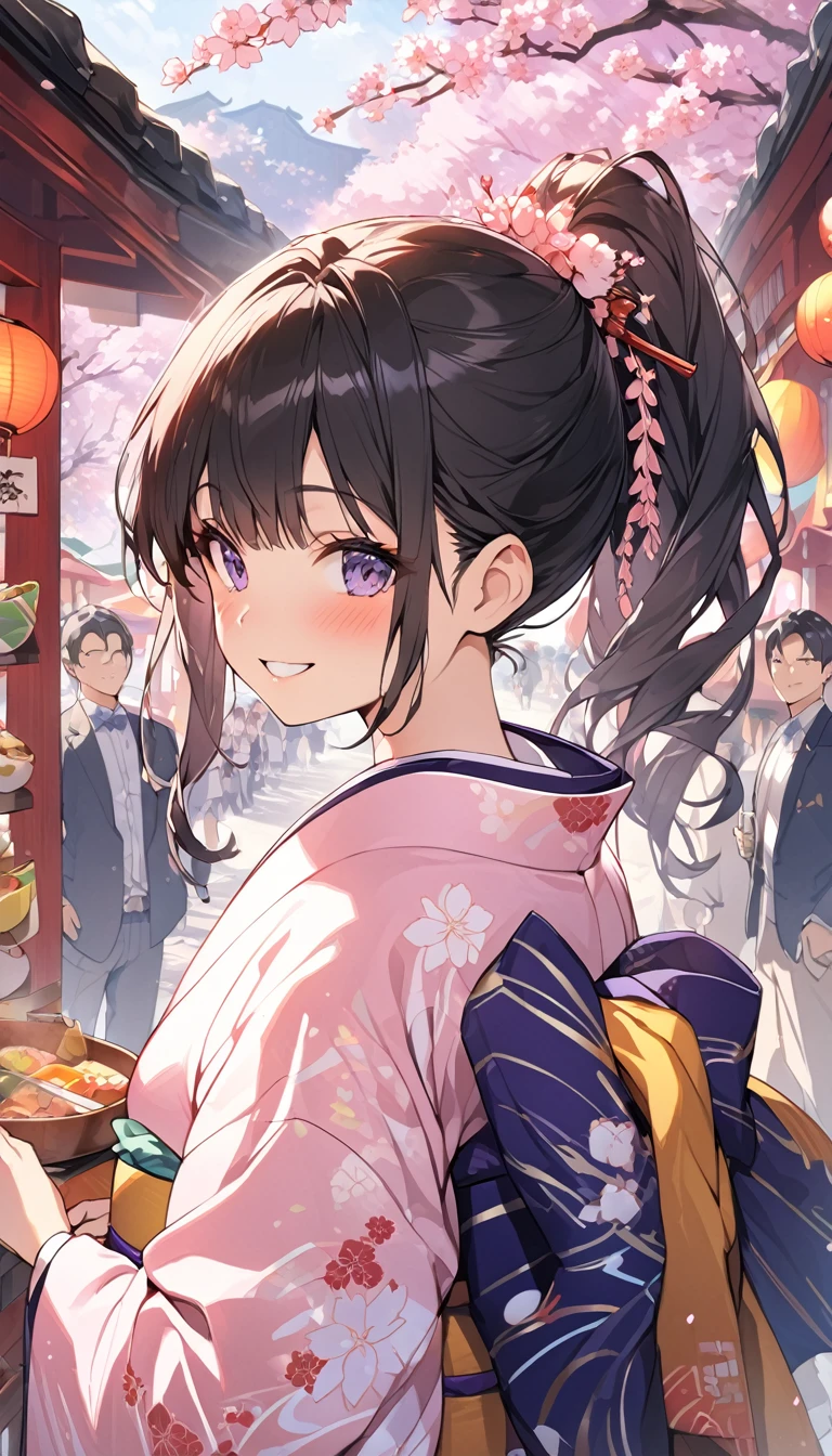 One Woman、beautiful girl、after school、evening、kimono、kimono、ponytail、Waraji、School、Back of the school building、spring、cherry blossoms々、はためくcherry blossomsの花びら、Long Hair、Highest quality、Ultra HD、Black Hair、smile、8 heads、White tabi socks、Japanese Umbrella、smile、Cowboy Shot、festival、Many food stalls、Beautiful scenery、Holding hands with a gentleman