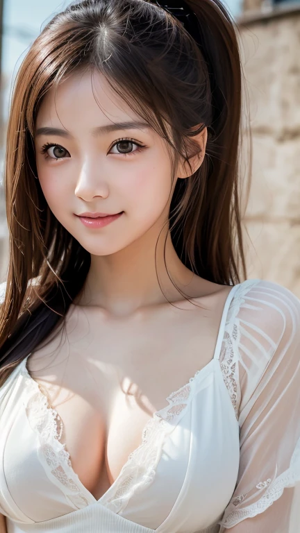 (Perfect Anatomy:1.2)(Absurd, High resolution, Super detailed),masterpiece,Highest quality,High resolution,8k,Realistic Face,Realistic skin texture,Expanded Texture, ,Amazing clarity,high school girl,Cowboy Shot,View the viewer、blush、Angle from below、Background is sky、((Looking down at the ground from above))、Hair blowing in the wind,amount、looking at the camera、sheer、Low - Angle、ponytail、smile