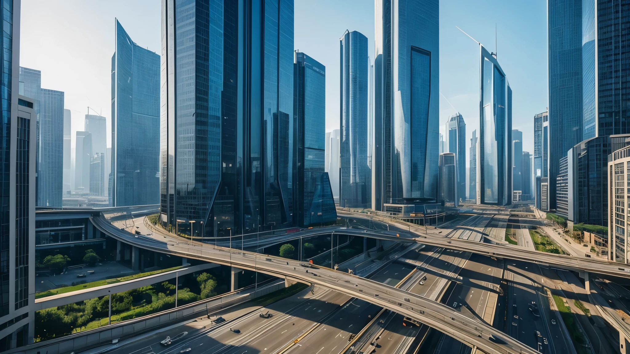 scifi, beautyful futuristic highway, flying air cars, architectual, organic skyscraper, cyberpunk, futuristic, hightech, hard-surface design, daylight, much tech, much electronic, very cozy, ambient light, realistic view, bird perspectiv, focal lengh 24mm, wide angle, year 2224