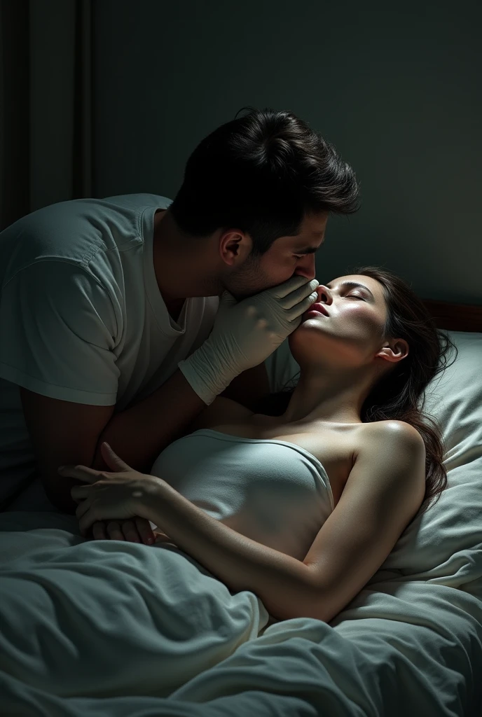 A man with surgical gloves covering a woman's mouth in a bed