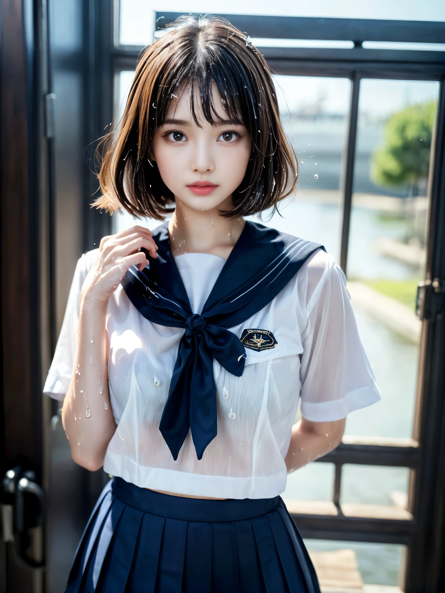 Sailor Saturn Masterpiece, Highest quality, shape, Very detailed, Finer details, High resolution, 8k,wallpaper, Perfect dynamic composition,(High quality with attention to detail, Realistic depiction of eyes:1.3), short hair, (Wavy Hair:1.2), (Black Sailor Suit, Seraphim, Navy Pleated Skirt), (Knoop, Wet:1.2),Full body photo、Focus on the crotch,