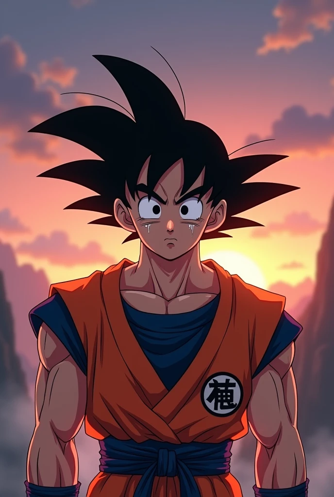 Create a Dragon Ball Goku character with his orange outfit crying and in the background it's dusk.