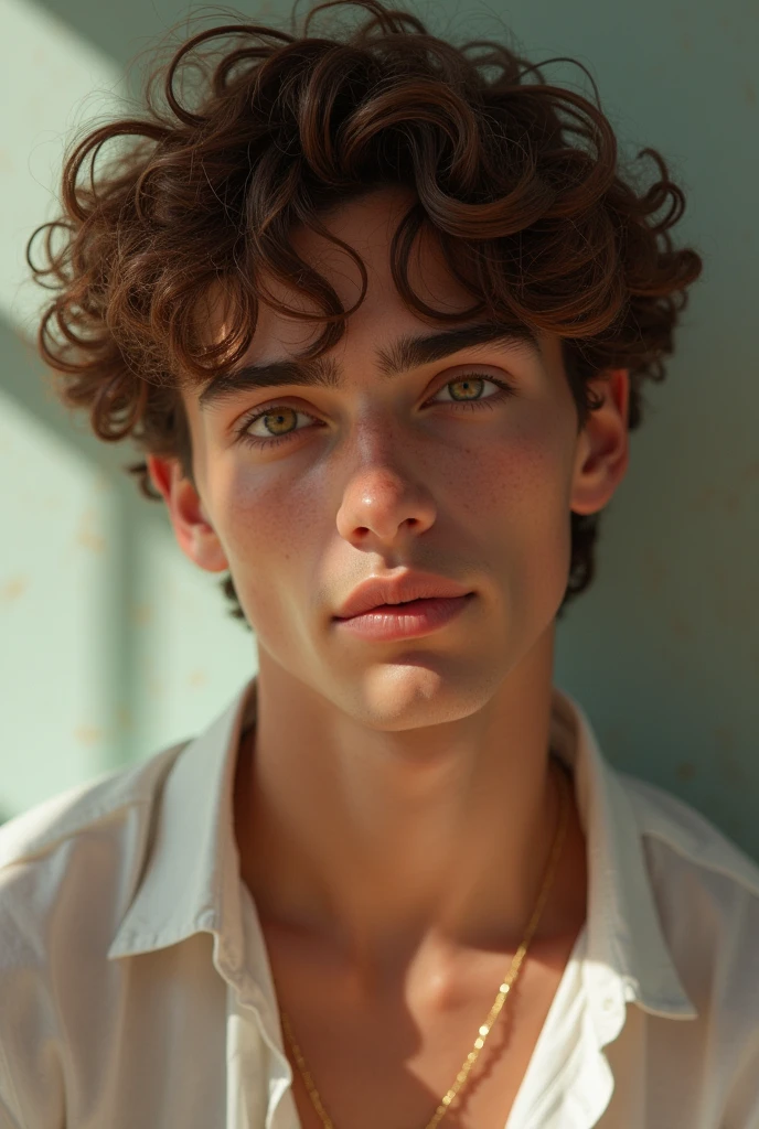 A boy, is a descendant of Aphrodite, ah inherited a certain beauty from her, The chic looks very pale, with beautiful, slightly greenish hazel eyes, curly hair not so long, hazelnut brown but sometimes some reddish lights, the boy has a fit body, He is tall and very attractive, too handsome, He is and is in the present time