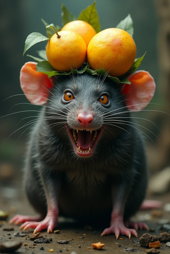 A rat with a mango crown but the rat looks insane and like a tyrant 