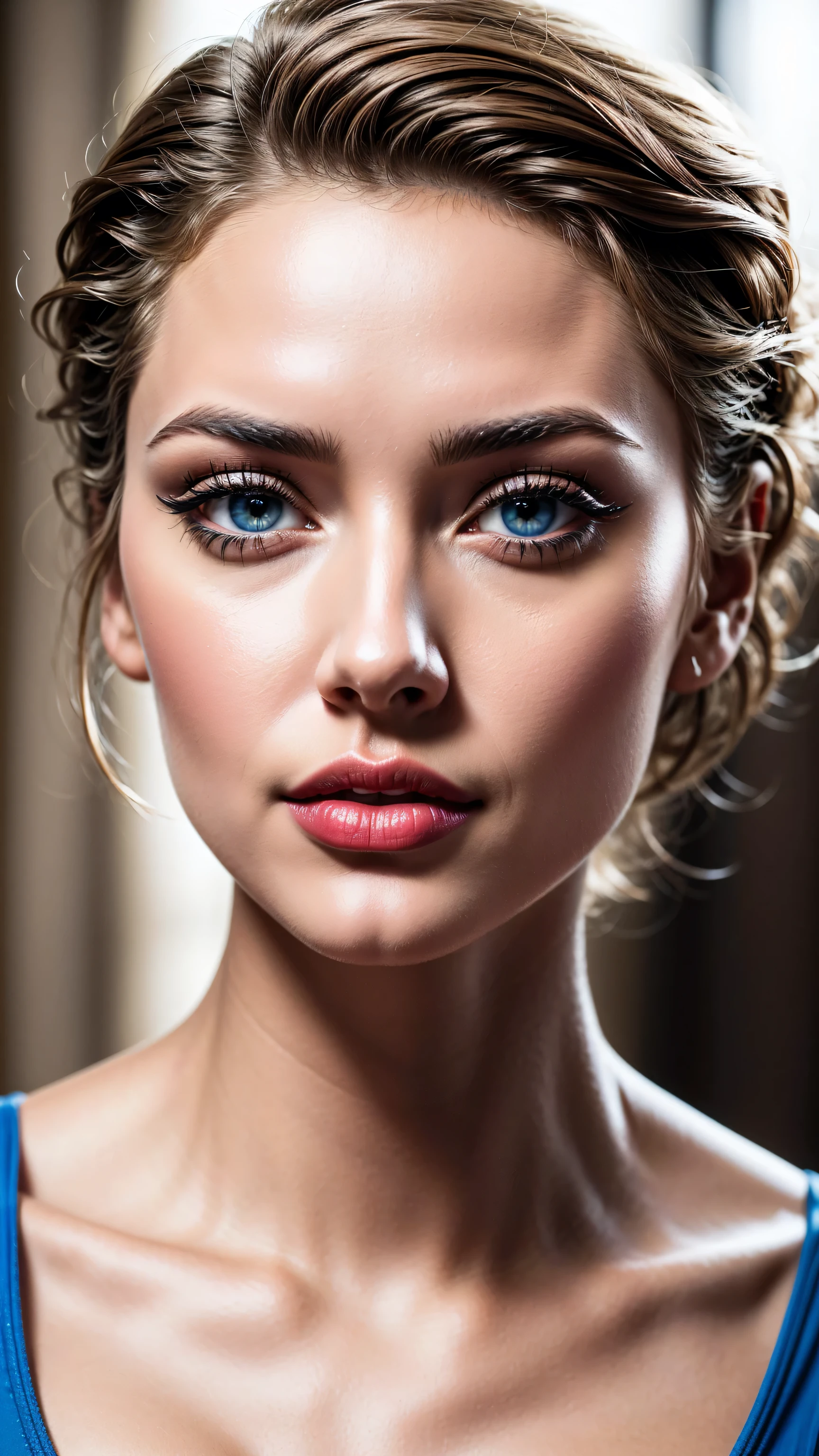 Realism, Realistic, ((ultra realistic details: velvety skin, blonde short slicked to the side hair, symmetrical lips, light glossy red_lipstick, long blue_eyelashes, pupils, BREAK ((brown_eyes))), anatomicallycorrect, perfect proportions), BREAK Hyper-Photorealistic ((portrait)) a cute 1model:1.4 24yo, dslr, best high quality soft lighting, sharp focus captured by Fujifilm XT3, f 5.6, in a dramatic lighting, l (perfect composition), ((pale skin)), ((dry skin)),
