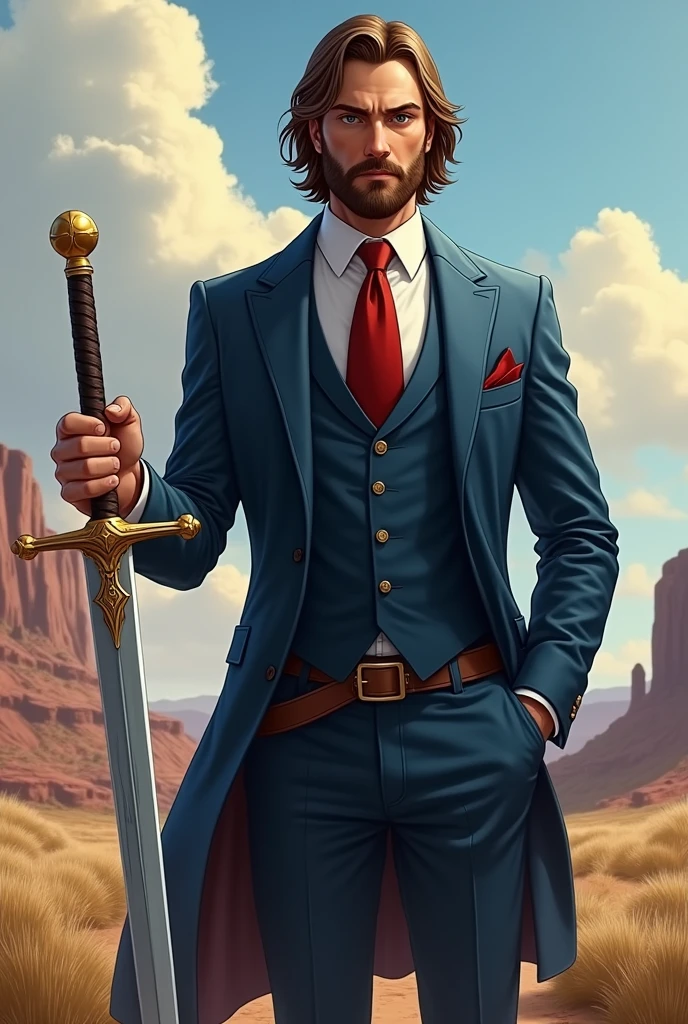 He is a man standing at 1.15 meters tall with a normal build. He has medium-length brown hair and he has a beard. He is very well-dressed in a blue suit with a red tie. He carries the legendary sword Excalibur and has a magnificent and especially calming presence. The character should be styled in a fantasy RPG art style and set in the Old West. i would like t see him with different styles of a beard