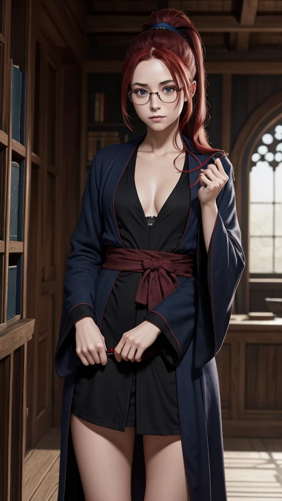 Nsfw, Hogwarts student, slim, thin half rimmed glasses, dark red hair, ponytail, black and blue raven claw house robe,