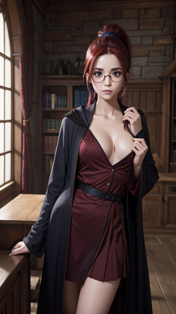 Nsfw, Hogwarts student, slim, thin half rimmed glasses, dark red hair, ponytail, black and blue raven claw house robe,