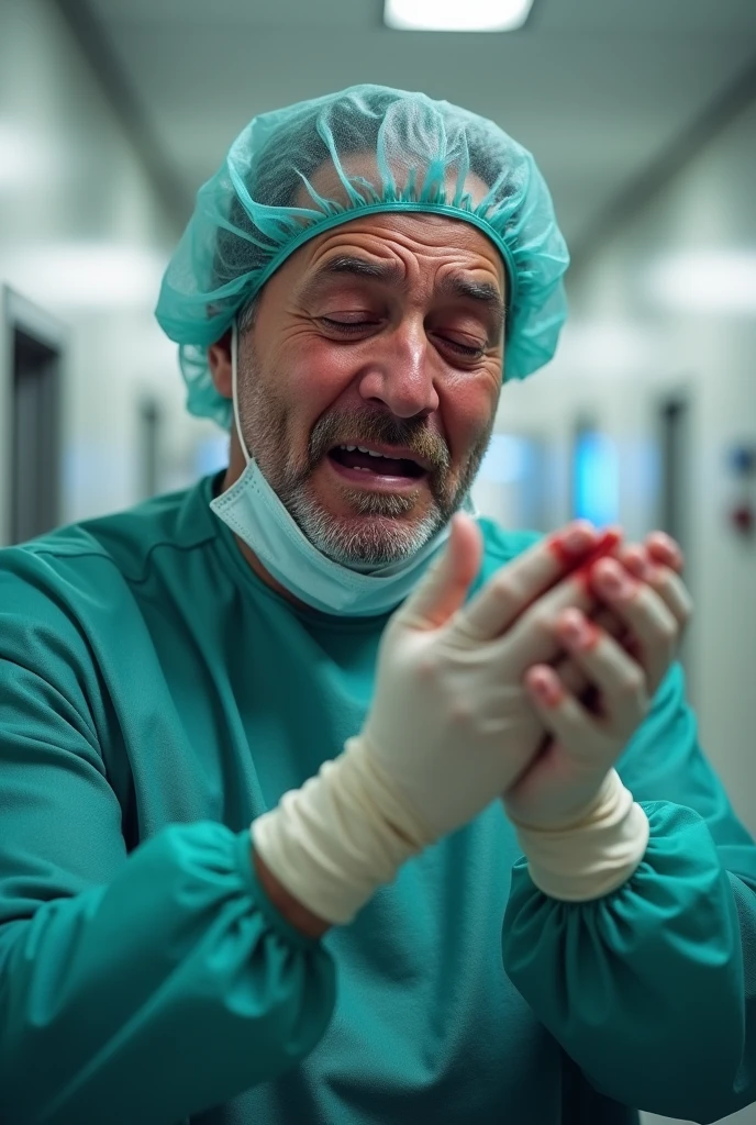 Man with PPE holding injured hand and crying