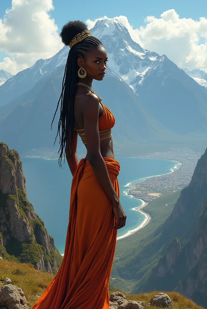 femme africaine sur le haut d'une montagne, jolie payage avec une ville en fond et la mer ,le regard vers nous