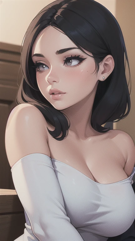 a beautiful young girl with detailed and realistic features, long eyelashes, full lips, blushing cheeks, wearing an off-the-shoulder blouse, in a thoughtful and elegant pose, surrounded by an abstract and highly detailed background, masterpiece, best quality, 4k, 8k, highres, ultra-detailed, photorealistic, vivid colors, dramatic lighting, gigan breasts