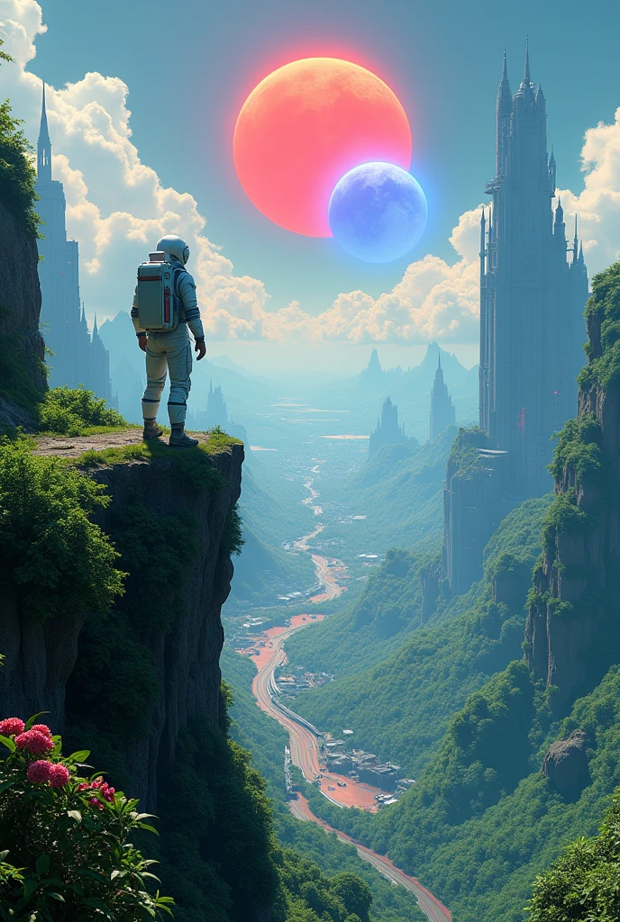 Monde extraterrestre verdoiyan futuriste avec la vie d'un homme de dos en tenue spatiale sur une falaise observant la ville futuriste en bas le paysage est paradisiaque avec 2 soleil un rouge un bleu violet