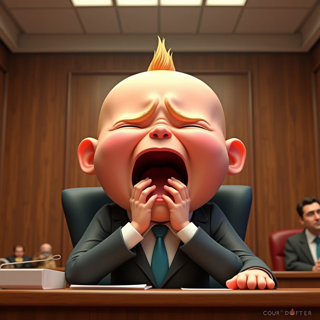 Im Stil von Pixar 3D- The animated film, Caricature. A howling giant baby sits in the dock in court. A lawyer sits next to the baby and holds his hand in front of his face (facepalm).